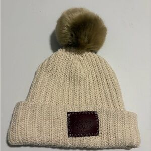 Love Your Melon Cream Knit Beanie with Brown Pom-Pom
